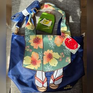 Floral Navy Tote Bag with Green Accents